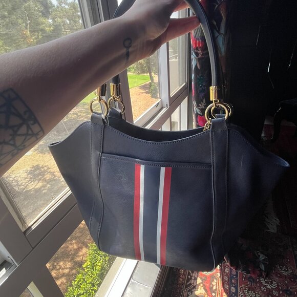 Tommy Hilfiger NWT Navy Blue Leather Tote Bag with Red and White Stripe Accents - Picture 3 of 14